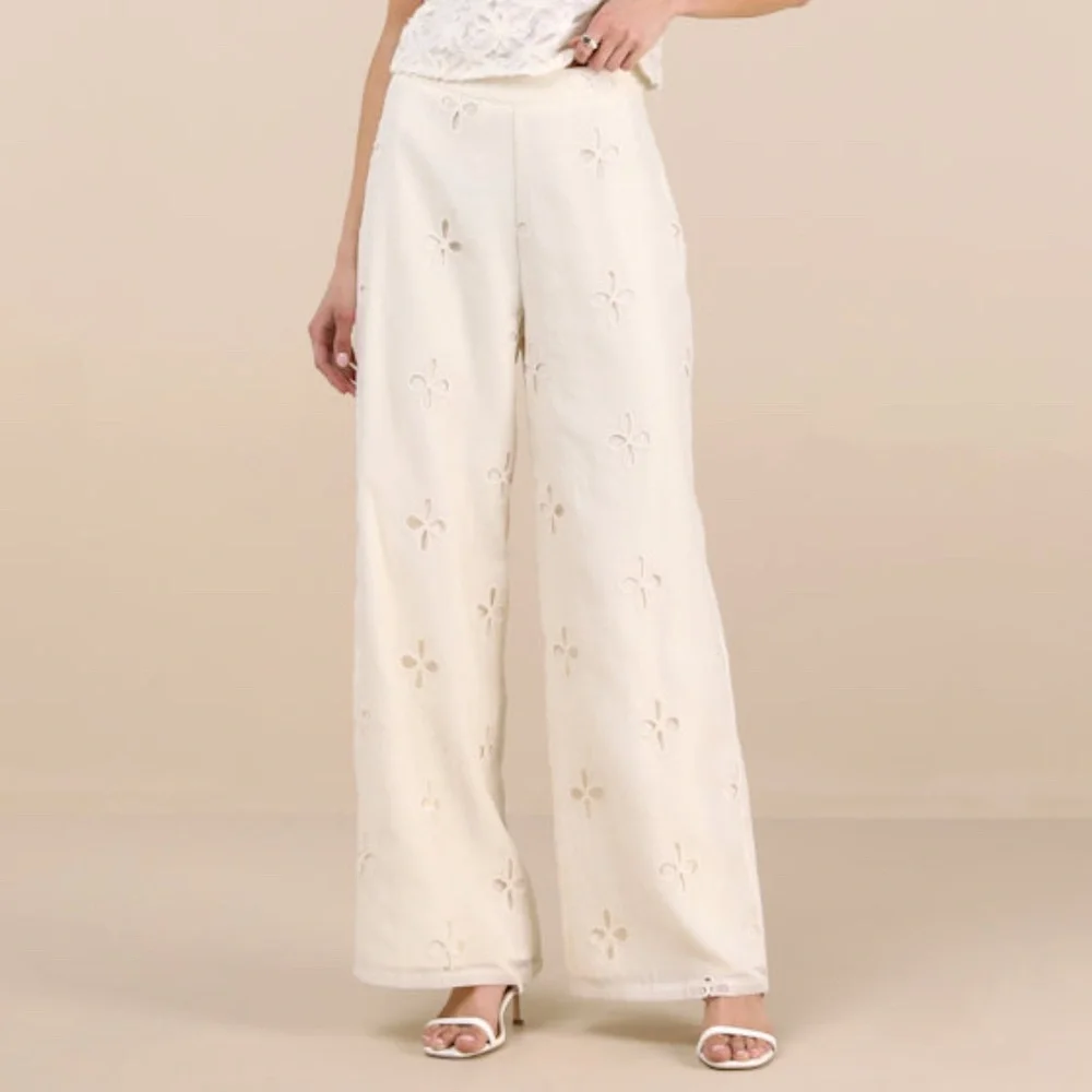 Lulus Elif Cream Eyelet Embroidered High-rise Pants White - Size L - Picture 1 of 1